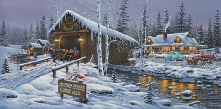 Christmas Scene - scene, snow, covered bridge, christmas