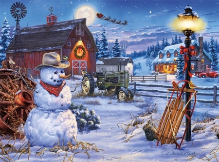 :) - night, winter, craciun, art, snowman, darrell bush, painting, moon, christmas, pictura, luna, santa