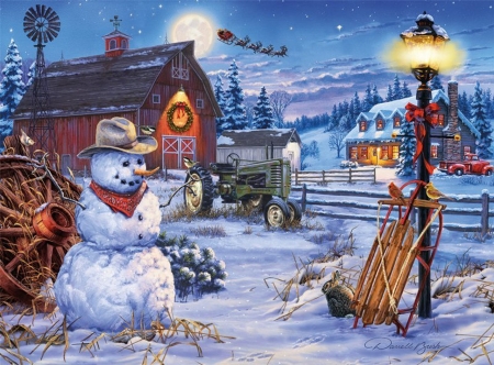 :) - moon, snowman, winter, night, christmas, darrell bush, santa, pictura, craciun, painting, art, luna