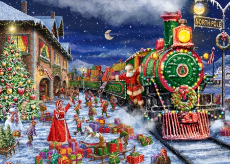Santa Express - winter, painting, art, craciun, christmas, pictura, train, santa