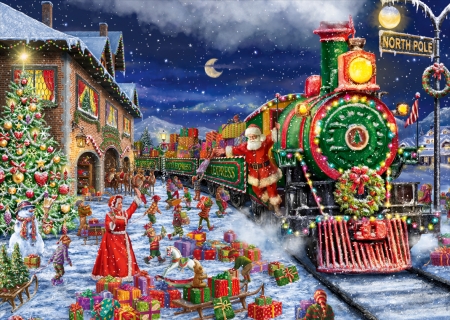 Santa Express - christmas, santa, train, pictura, winter, craciun, painting, art