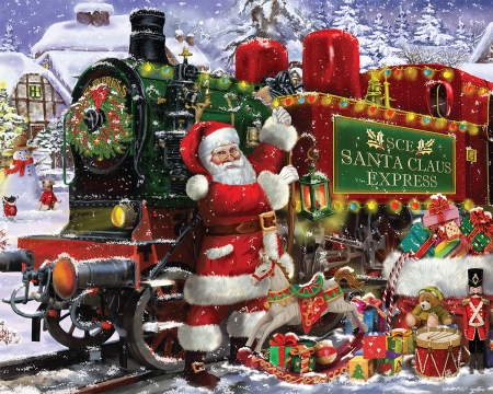 Santa Express - winter, toy, christmas, santa, train, pictura, craciun, painting, green, red