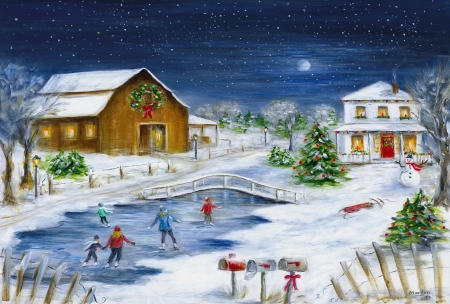 Winter wonderland - christmas, cold, eve, evening, frost, frozen, fun, ice, joy, lake, moon, night, peaceful, play, snow, snowman, village, winter, wonderland