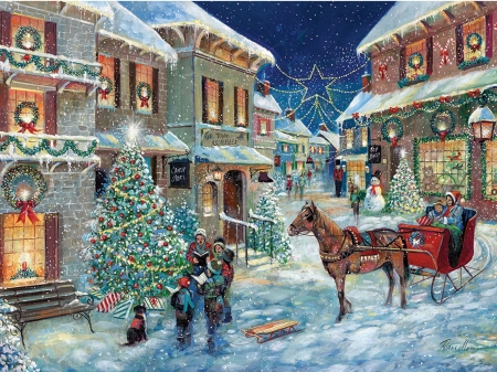 Holiday Joy Caroling - artwork, carolers, christmas, horse, houses, painting, people, sleigh, snow, village