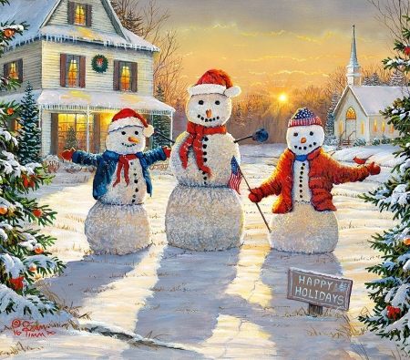 :) - snowman, winter, family, christmas, pictura, sunset, craciun, painting, art