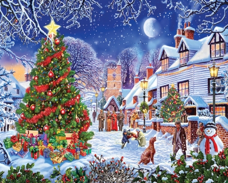 :) - dog, snowman, art, craciun, painting, pictura, christmas, tree, caine