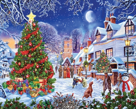 :) - snowman, dog, tree, christmas, pictura, craciun, painting, caine, art