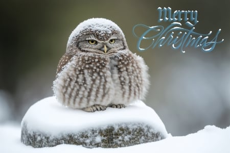 Owl Posing in the Snow ~ Merry Christmas - owl, animal, nature, greetings, snow