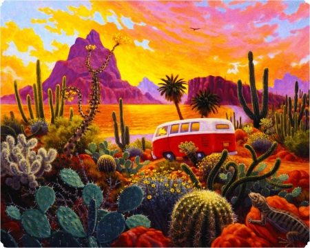 Sunset - pictura, sunset, car, summer, painting, cara, cactus, art