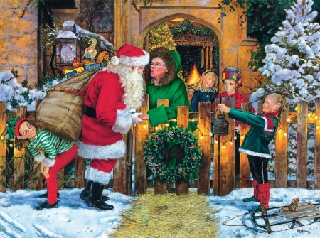 Off to work - susan brabeau, christmas, santa, pictura, craciun, funny, painting, kiss, art