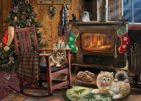 Waiting for Santa - cat, craciun, room, kitten, art, christmas