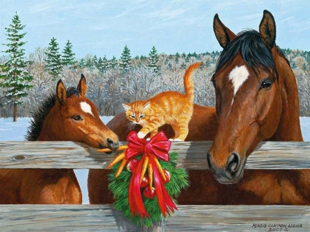 Holiday treats - cal, cat, persis clayton weirs, winter, horse, craciun, art, et, painting, pisici, fence, pictura, christmas