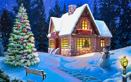 GyönyörÅ± karácsonyi festmény - disz, fenyofa, festmeny, haz, karacsony