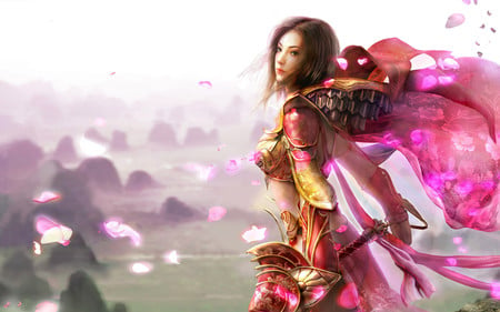 Power and Beauty - abstract, armoured, warrior, girl, petals, pink, fantasy, 3d, art