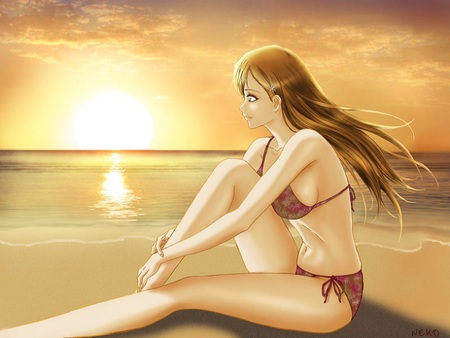 at the beach - women, beach, female, girl, bleach, sunset, anime girl, orihime, bikini, swim suit, anime