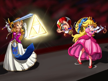 zelda vs peach - women, princess, female, girl, peach, videogame, nintendo, zelda, coins, triforce, toad, video games