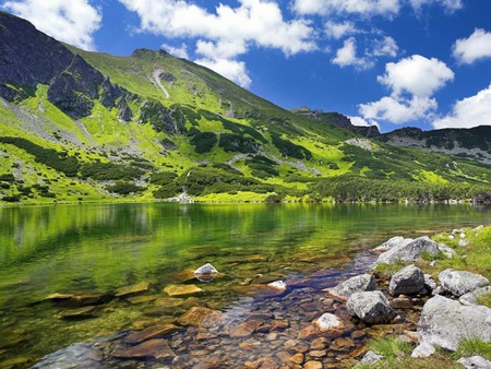 Alpine Lake - reflections, alps, water, beautiful, cool, alpine, green, nice, mountains, lakes, sky, rocks