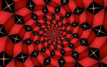 Red Star Spiral - star, spiral, illusion, gold, pattern, black, red, tesselated, 3d, texture