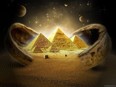 PYRAMIDS IN SPACE - space, planets, pyramids, digital, art, creative