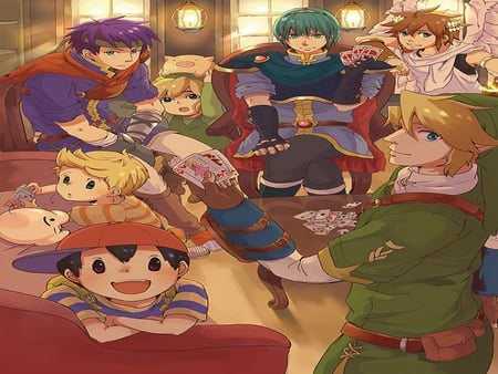 card players - videogame, lucas, link, ness, cards, marth, pit, ike, toon link