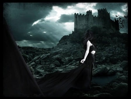 Gothic girl - sky, black, dark, castle, night, woman, darkness