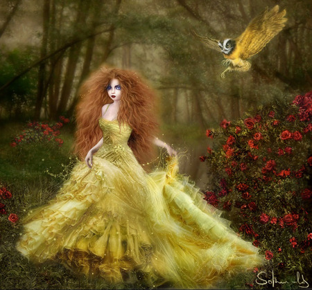 elenia - girl fantasy, bird, flowers