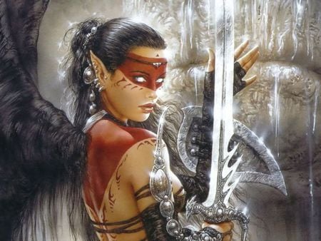 Luis Royo - warrior, beautiful, girl, sword, angel, red, woman, art, sexy