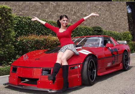 Red Corvette - bowtie, car, cowgirl, gm, short skirt, boots, model, corvette