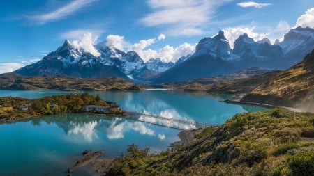 torres del paine - roads, chile, snow, lake, mountains