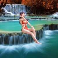 Bikini Model at a Waterfall