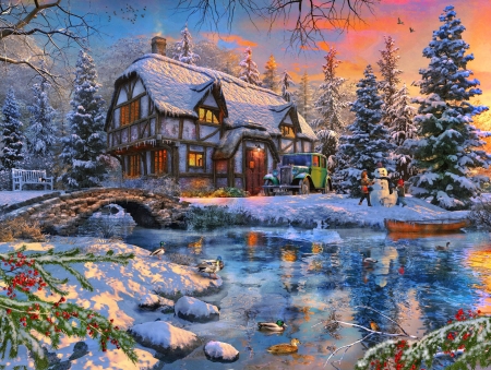 Winter sunset - winter, painting, art, iarna, dominic davison, house, pictura, bridge, sunset
