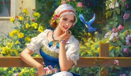 Beauty in the Garden - pretty, girl, flowers, fantasy, digital, woman, garden, blue birds, art, wallpaper