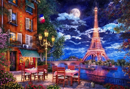 Moonlight in Paris - digital, artwork, lights, city, france, eiffel tower