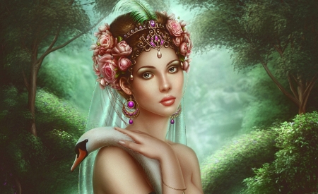 Leda and  the Swan - digital, art, fantasy, wallpaper, swan, girl, leda, woman, pretty