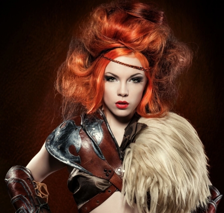 :) - girl, redhead, woman, warrior, model