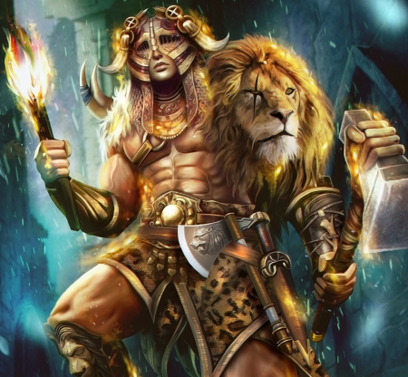 Fantasy man - fantasy, shyguyz ashley, warrior, leu, lion, golden, man