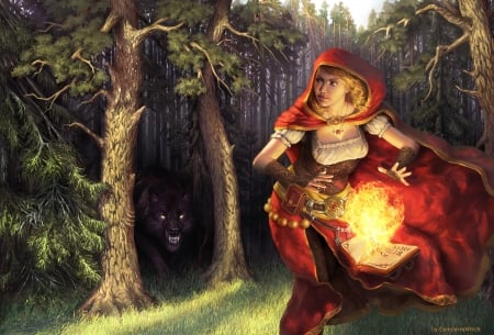 Red Riding Hood - witch, fantasy, wolf, red riding hood, girl, runnung, forest