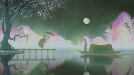 :) - water, silhouette, night, boat, will leung, art, man, parasol, girl, fantasy, moon, luna, couple