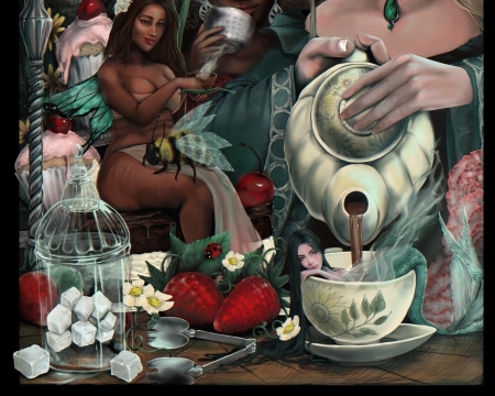 Tea time - tea time, fantasy, cup, teapot, mermaid, strawberry, mini, fairy, andrea ramsay, flower, siren
