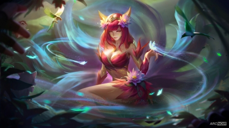 Ahri - fox, blue, fantasy, arcnoir studio, ahri, girl, redhead