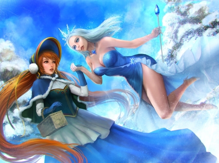 Anna and Elsa - frozen, fantasy, couple, elsa, girl, snow queen, anna, blue, charee kim, princess