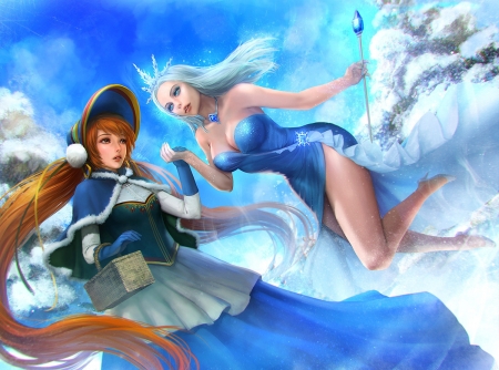 Anna and Elsa - charee kim, blue, girl, snow queen, fantasy, frozen, anna, princess, elsa, couple