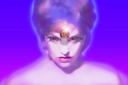 Bitcoin by Roos van der Jagt - art, bitcoin, blue, gace, pink, roos van der jagt