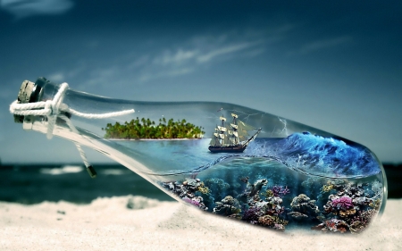 ship in a bottle - trees, bottle, island, sea, sand