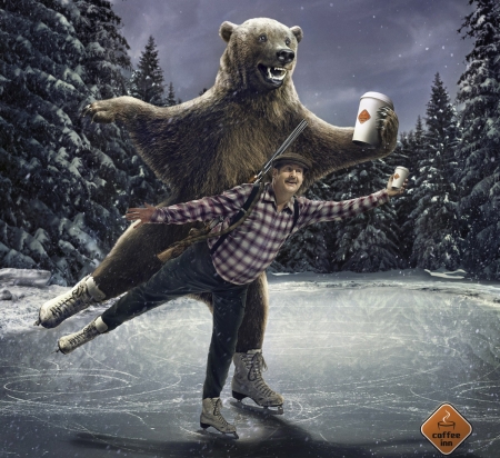 :) - winter, coffee, commercial, snow, skate, forest, man, bear, fantasy, urs, fairytale, funny, dance, add