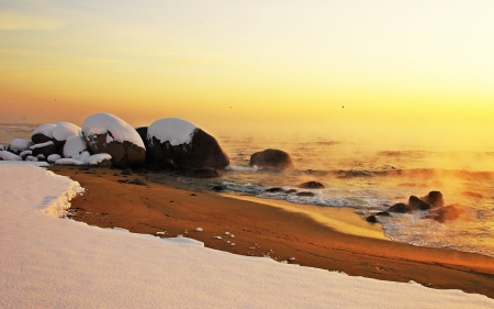 Snowy Beach - sea, rocks, snow, beach