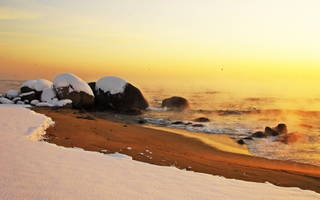 Snowy Beach - snow, sea, beach, rocks