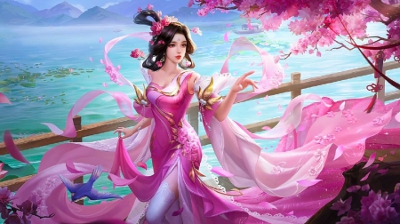 Sakura - art, fantasy, orient, beautiful, girl, woman, wallpaper, digital, pink, sakura