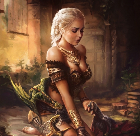 Daenerys - girl, queen, princess, orange, frumusete, daenerys targaryen, gorgeous, superb, fantasy, dragon, mother