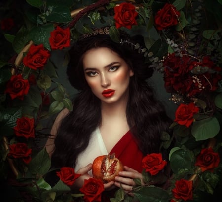 :) - woman, red, model, girl, fruit, rose, flower, rebeca saray